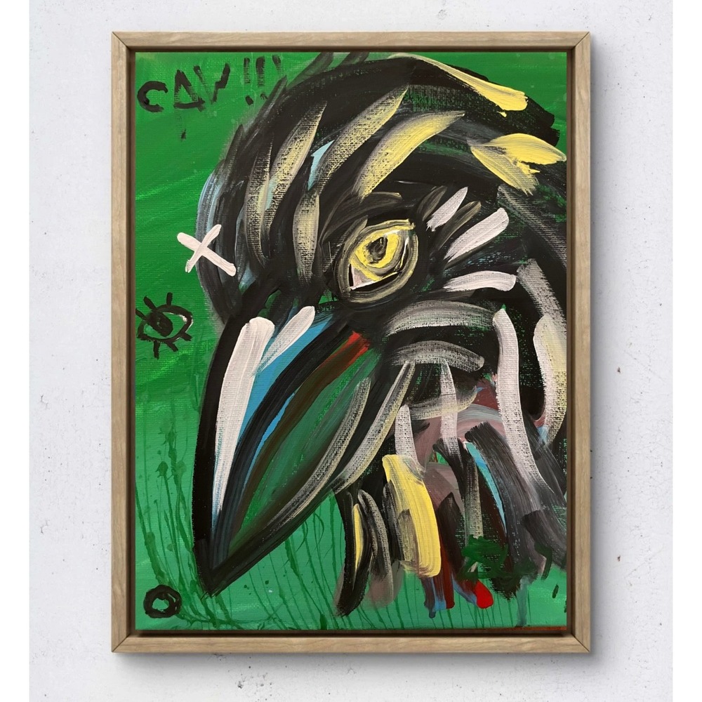 OMAN Original Crow Raven Abstract Painting 8x10 Canvas Green Neo-Expressionism